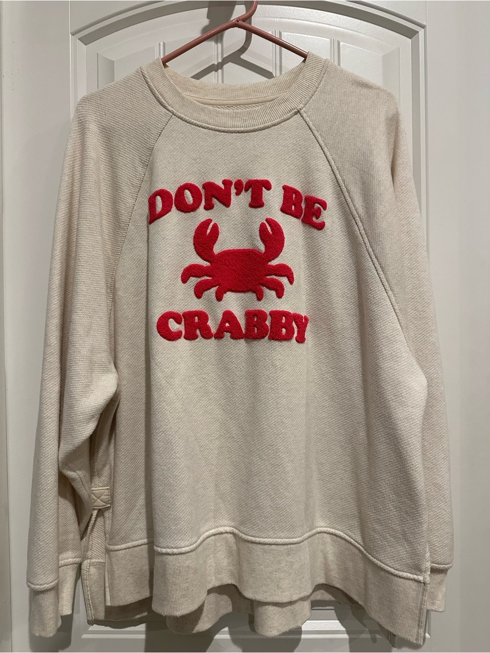 American Eagle Women's Cream Sweatshirt "Don't Be Crabby" with Red Appliqué